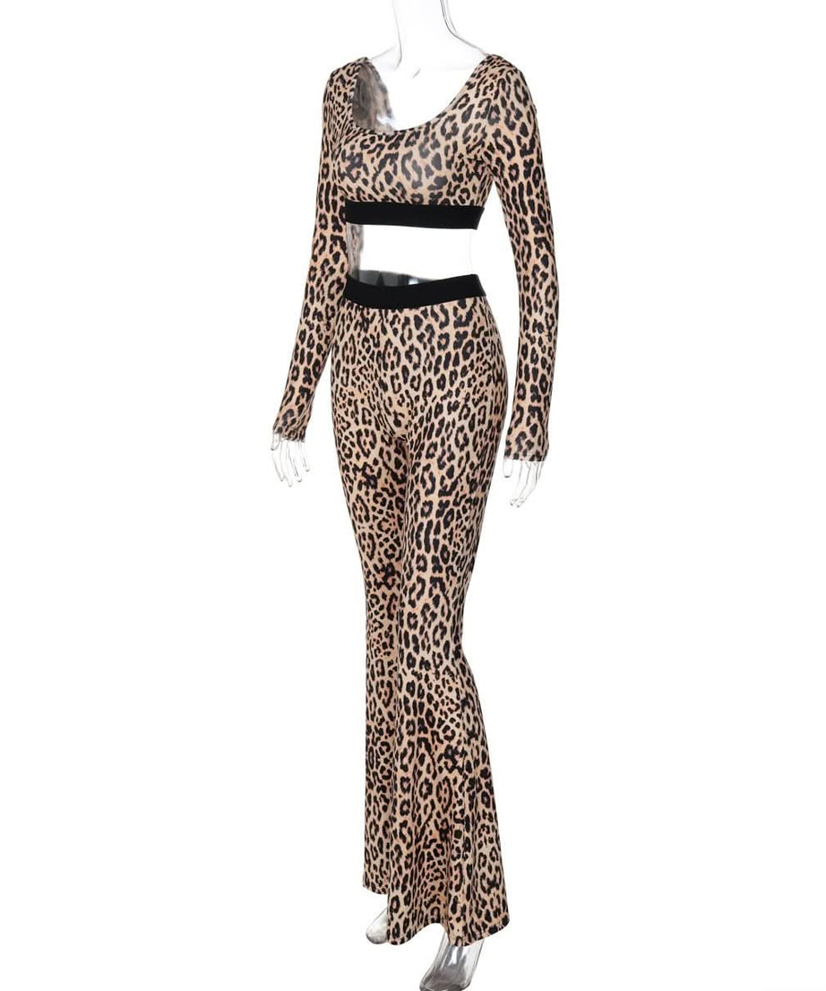 Unleash Your Inner Wild: Chic Leopard Flare Pant & Crop Top Set - Fall Trendsetter