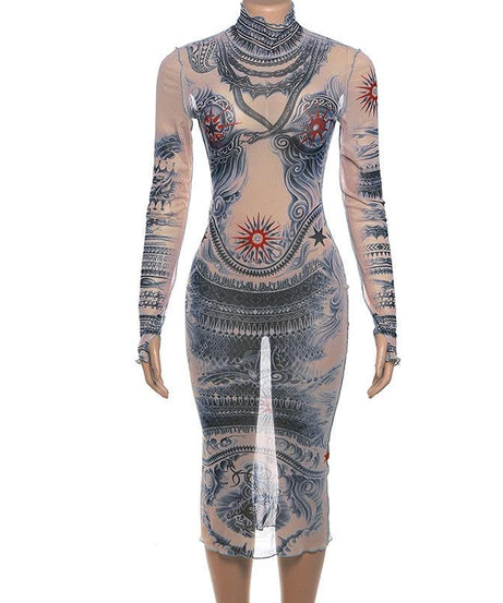 Edgy Tattoo Illusion Mesh Midi Dress with Gloves - Fall & Halloween Statement Piece