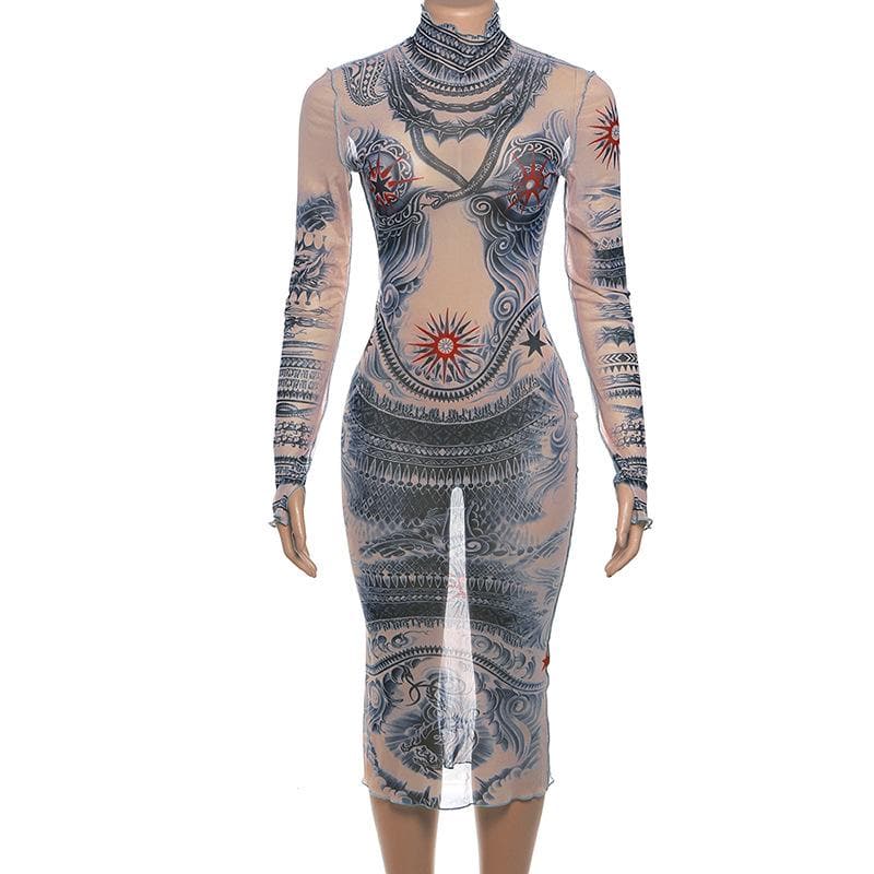 Edgy Tattoo Illusion Mesh Midi Dress with Gloves - Fall & Halloween Statement Piece