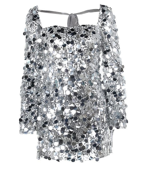 Dazzling Silver Sequin Long Sleeve Tie-Back Mini Dress - Holiday & NYE Glam