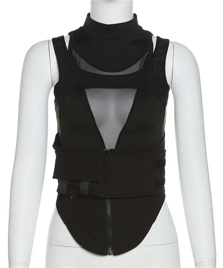 Edgy Mesh Utility Corset Top - High Neck Zip-Up Tactical Streetwear for Fall