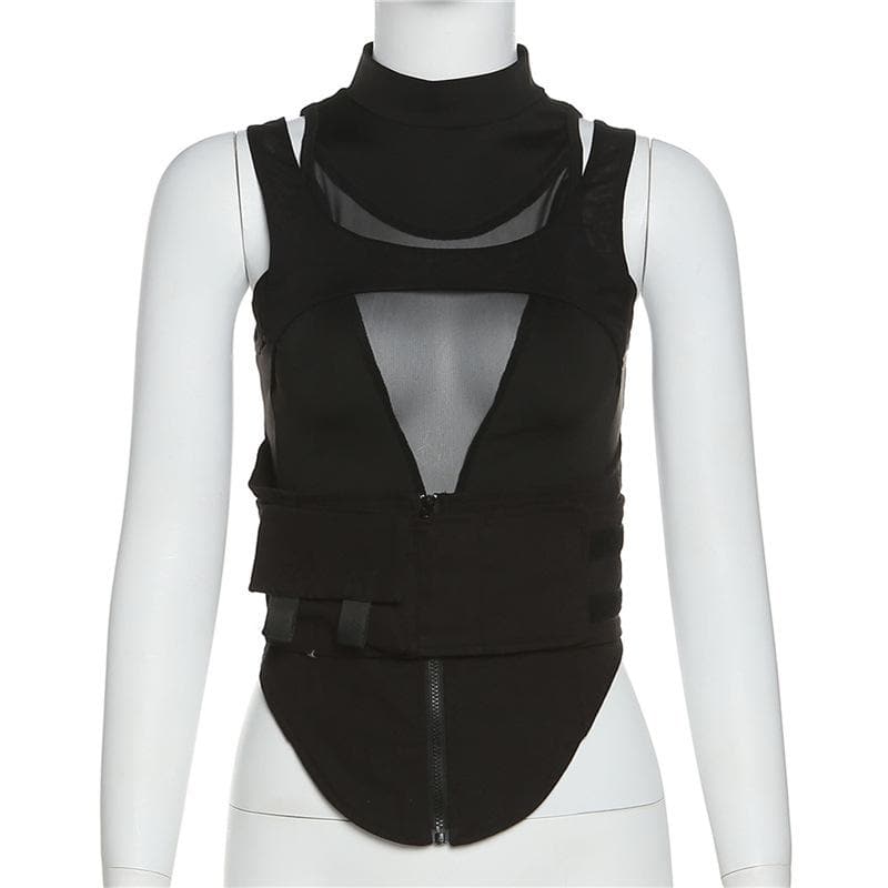 Edgy Mesh Utility Corset Top - High Neck Zip-Up Tactical Streetwear for Fall