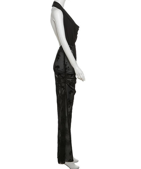 Sultry Bloom Black Sheer Maxi Dress - Halter Cowl Neck for Fall & Holiday Nights