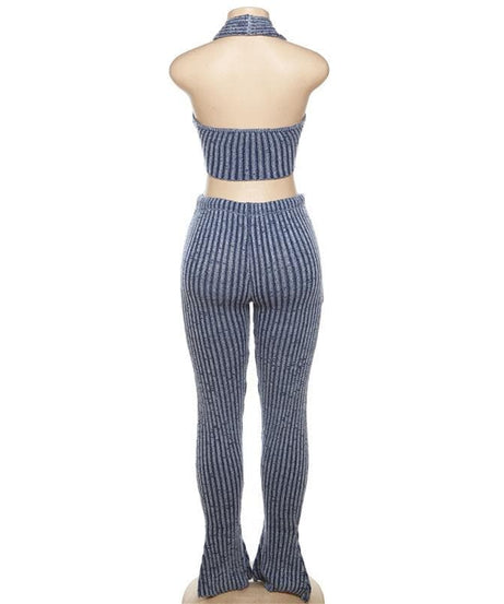 Effortless Chic Striped Knit Halter Top & Lounge Pants Set - Fall Comfort Must-Have