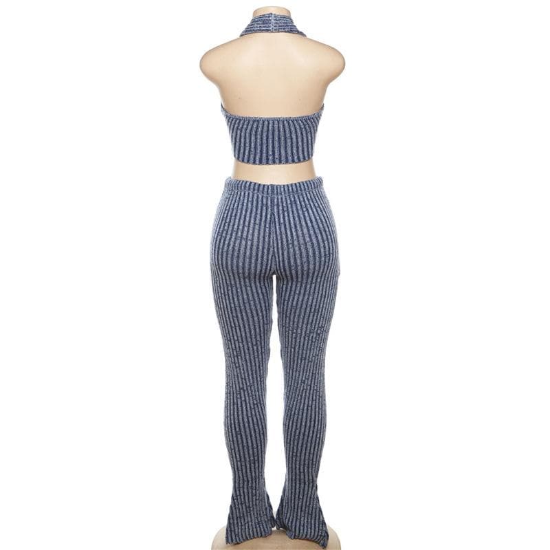 Effortless Chic Striped Knit Halter Top & Lounge Pants Set - Fall Comfort Must-Have