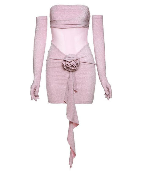 Glamour & Glow: Shimmering Rose Appliqué Mini Dress with Opera Gloves - Your Holiday Party & NYE Statement!
