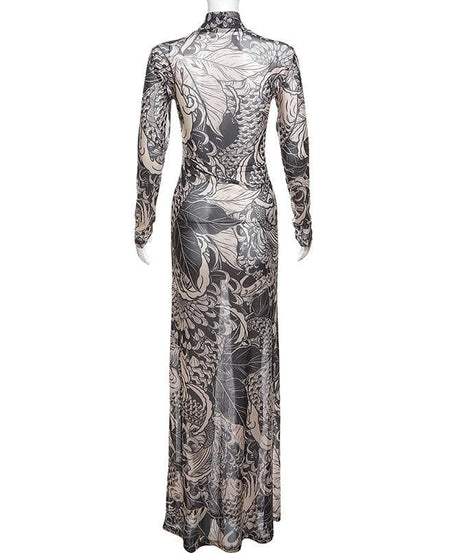Artistic Koi Mesh Maxi Dress - Elegant High-Neck Fall Statement Piece