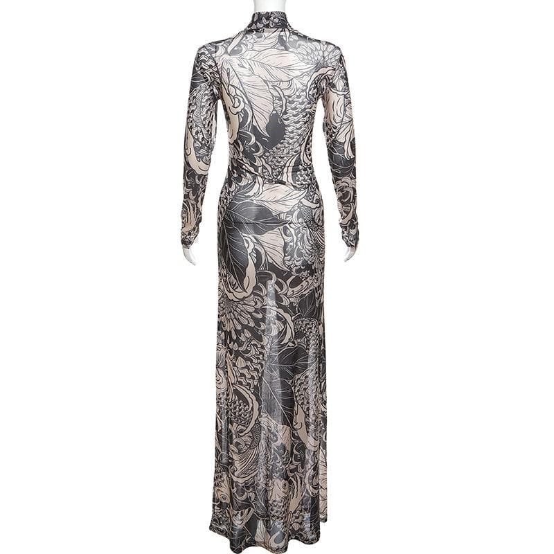 Artistic Koi Mesh Maxi Dress - Elegant High-Neck Fall Statement Piece