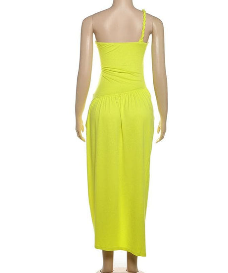 Radiant Neon Yellow One-Shoulder Ruched Maxi Dress with High Slit – The Ultimate Statement for Vacations & Special Events