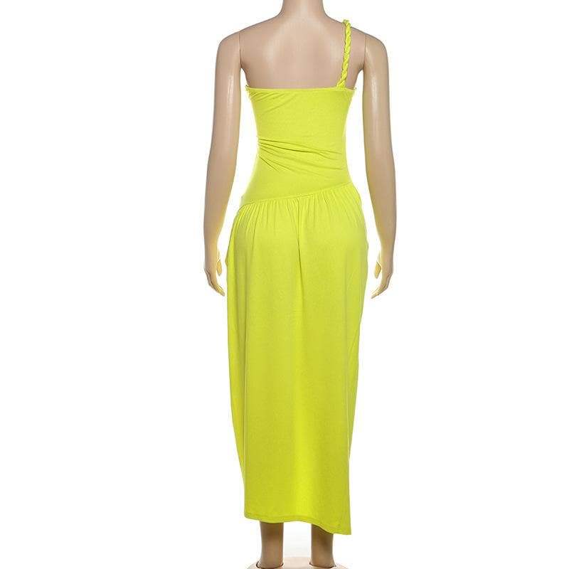 Radiant Neon Yellow One-Shoulder Ruched Maxi Dress with High Slit – The Ultimate Statement for Vacations & Special Events