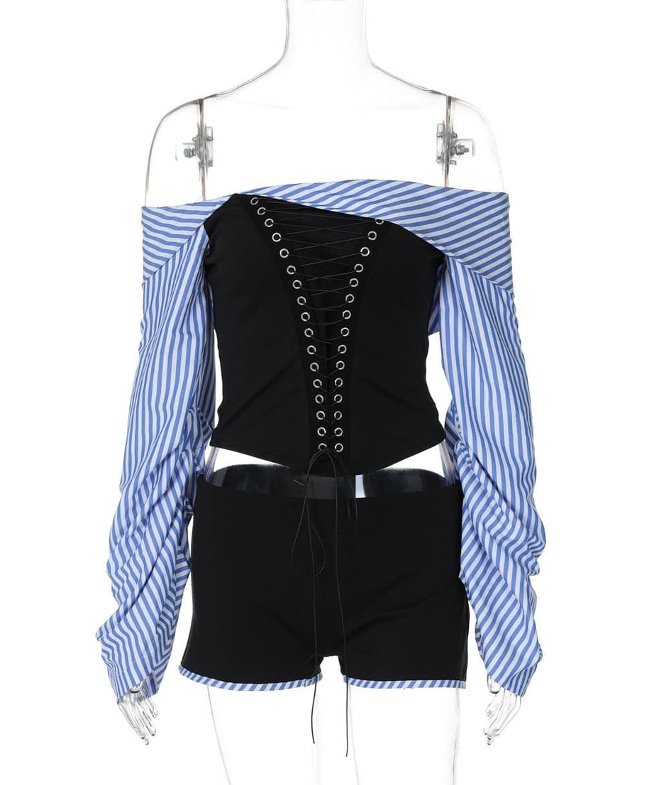 Trendy Off-Shoulder Lace-Up Corset Top & Striped Sleeve Shorts Set - Your Fall-Ready Statement