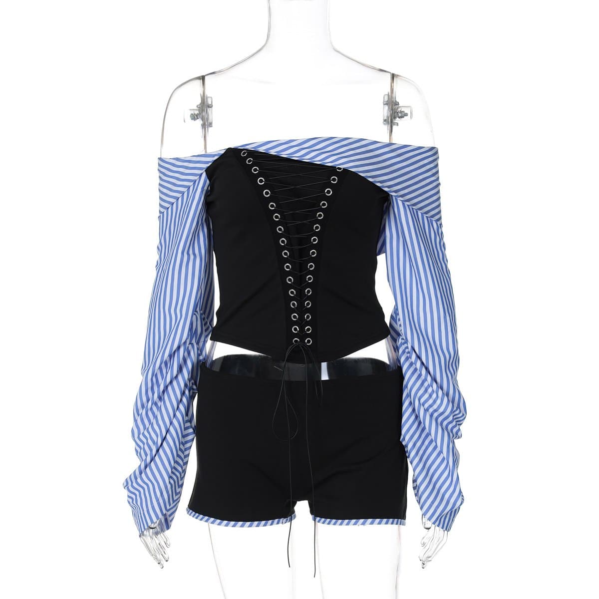 Trendy Off-Shoulder Lace-Up Corset Top & Striped Sleeve Shorts Set - Your Fall-Ready Statement
