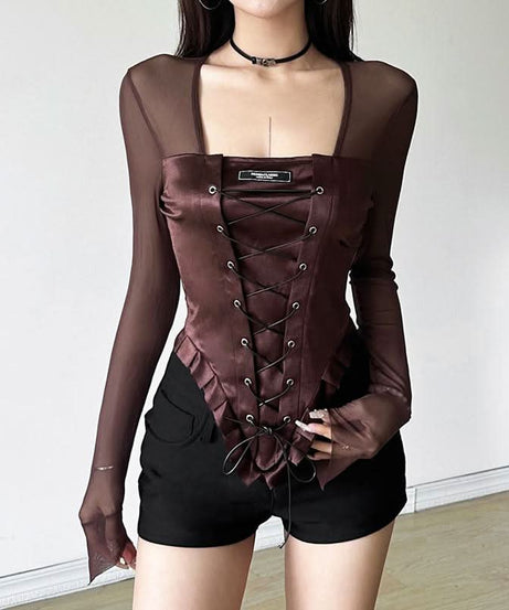 Autumn Allure: Espresso Mesh Corset Top - Edgy Lace-Up Long Sleeve for Fall Nights