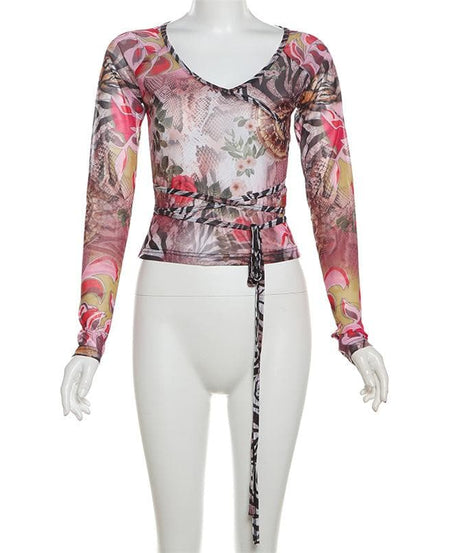 Chic Fall Mesh Wrap Top: V-Neck Long Sleeve Floral & Snake Print Statement