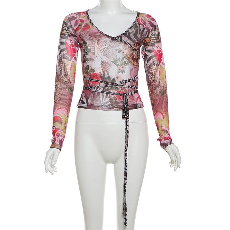 Chic Fall Mesh Wrap Top: V-Neck Long Sleeve Floral & Snake Print Statement