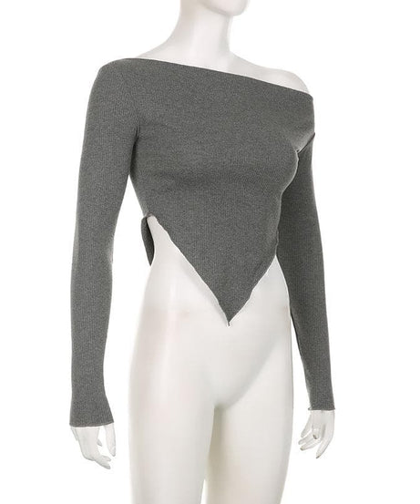 Fall's Must-Have: Ribbed Knit Off-Shoulder Long Sleeve Top with Asymmetrical V-Hem