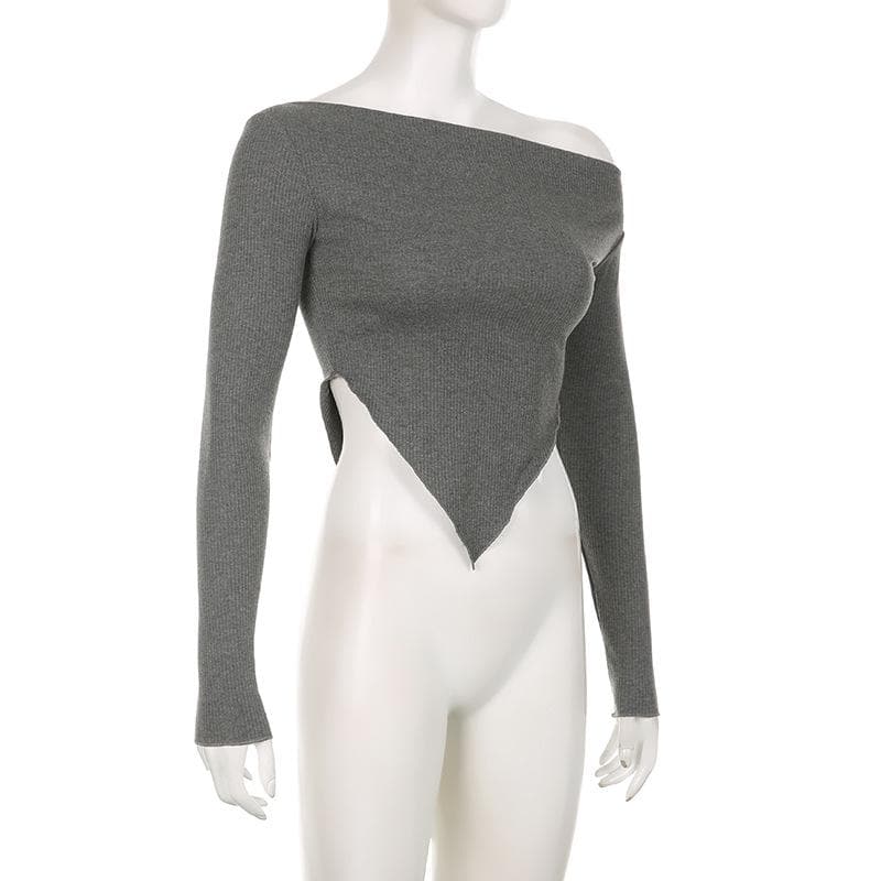 Fall's Must-Have: Ribbed Knit Off-Shoulder Long Sleeve Top with Asymmetrical V-Hem