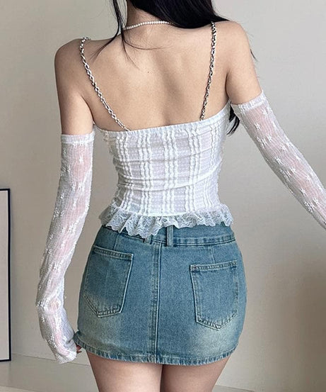 Edgy Glam Chain Strap Off-Shoulder Top with Sheer Floral Arm Warmers - Your Fall Party Statement