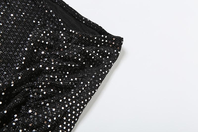 Dazzling Black Glitter Two-Piece Set: Ruched Slit Maxi Skirt & Cami Crop Top - Holiday & NYE Glam