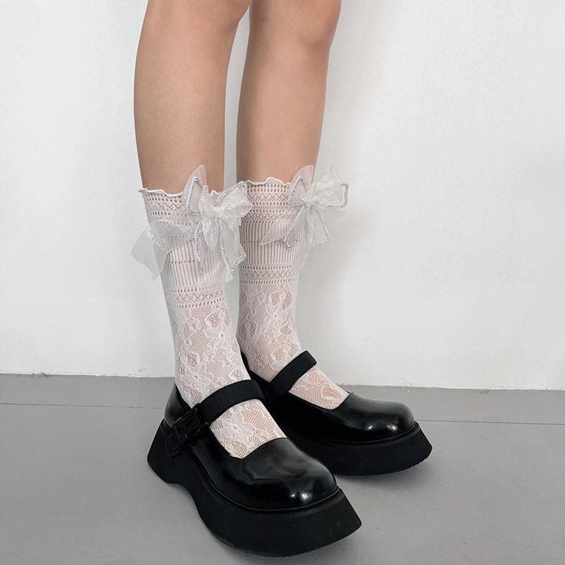 Delicate Sparkle Bow Sheer Ankle Socks | Fall Gothcore & Dark Academia Style