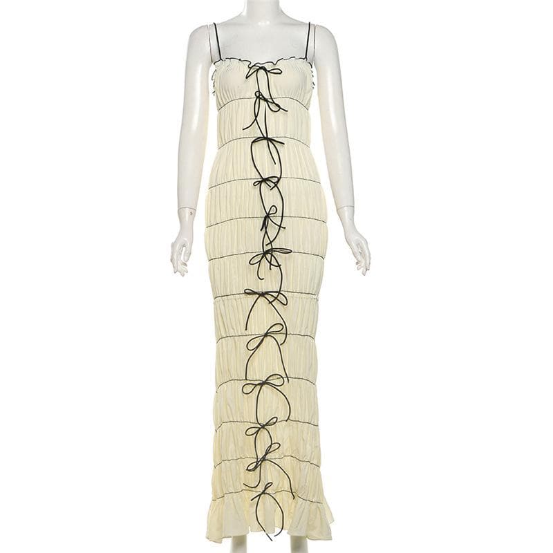 Chic & Edgy Bow-Detail Ruched Bodycon Maxi Dress | Fall Glamour