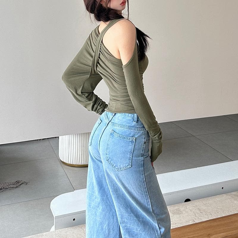 Fall Obsession: Chic One-Shoulder Ruched Mock Neck Top for Effortless Autumn Style