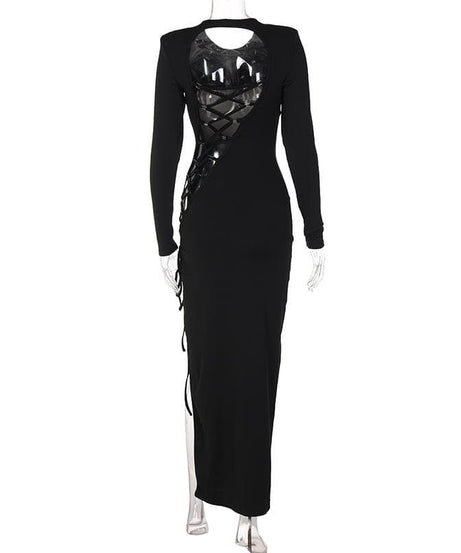 Chic Black Bodycon Maxi Dress | Adjustable Lace-Up Slit & Open Back | Long Sleeve Fall & Holiday Party Ready
