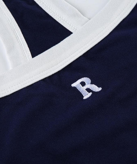 Cozy Chic Navy Racerback Crop Top with 'R' Logo - Fall Athleisure & Layering Essential