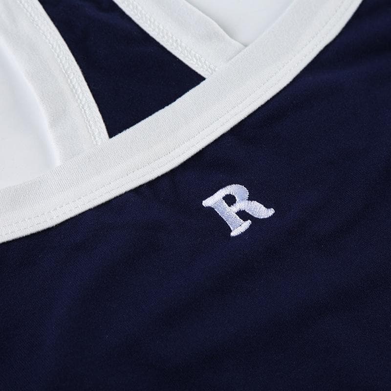 Cozy Chic Navy Racerback Crop Top with 'R' Logo - Fall Athleisure & Layering Essential