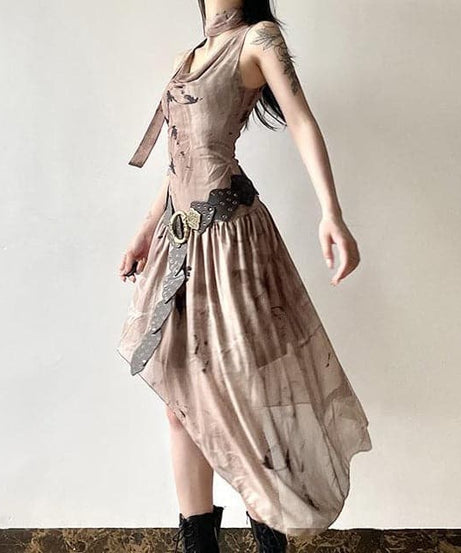 The Enchantress Asymmetrical Midi Dress | Boho Print Cowl Neck for Fall