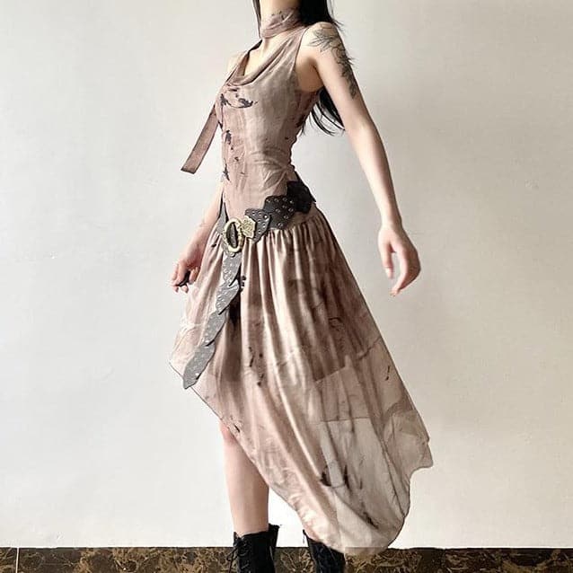 The Enchantress Asymmetrical Midi Dress | Boho Print Cowl Neck for Fall