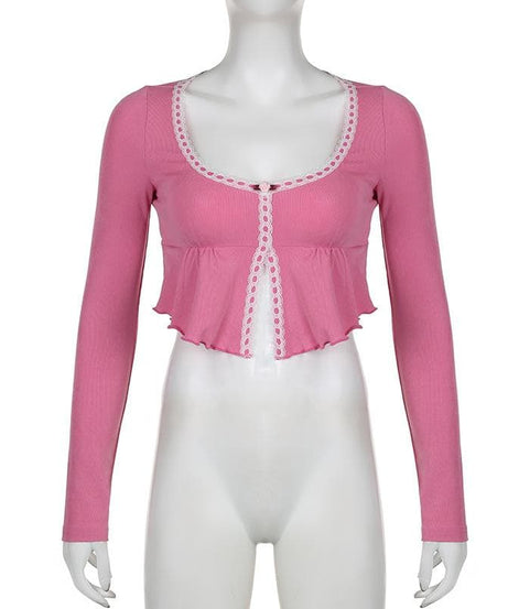 Coquette Dream Pink Lace Peplum Crop Top - Fall's Sweetest Long Sleeve