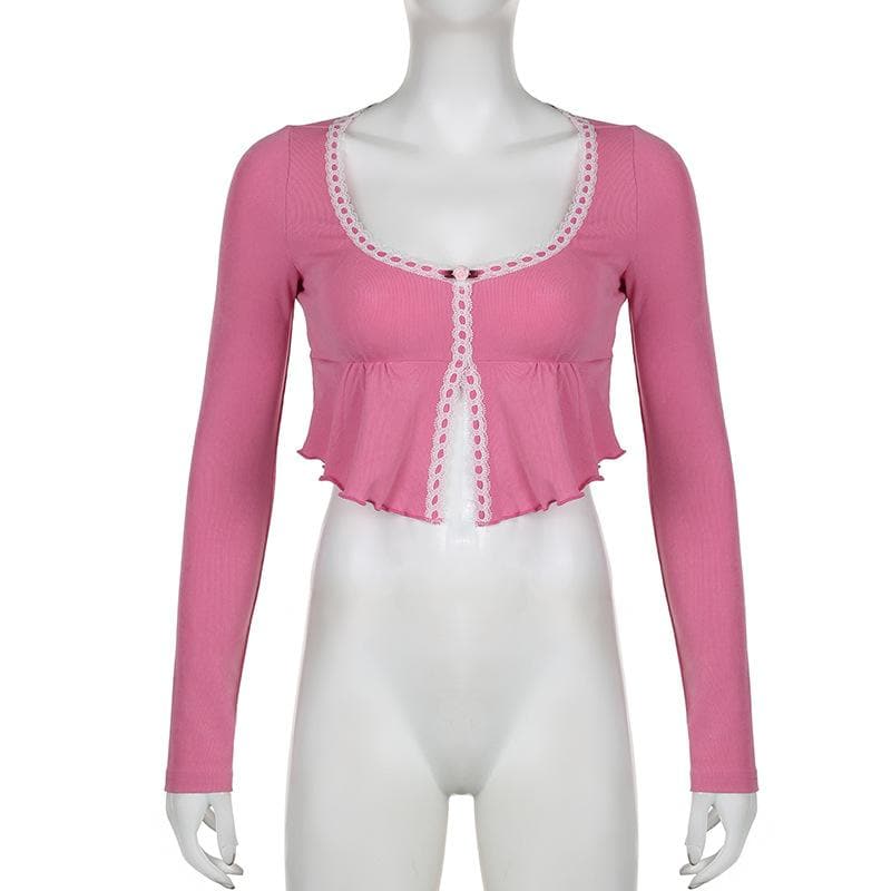 Coquette Dream Pink Lace Peplum Crop Top - Fall's Sweetest Long Sleeve
