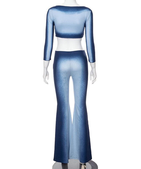 Cozy Chic Ombre Blue Flare Pant & Crop Top Set | Fall Vibes Fashion for Women