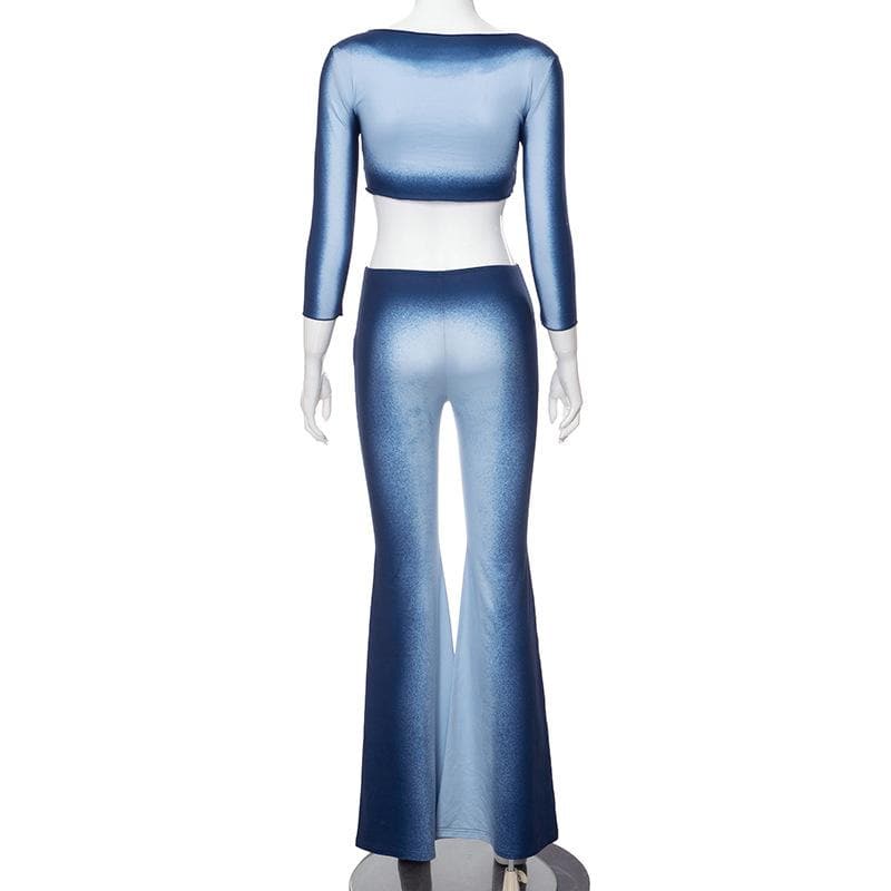 Cozy Chic Ombre Blue Flare Pant & Crop Top Set | Fall Vibes Fashion for Women