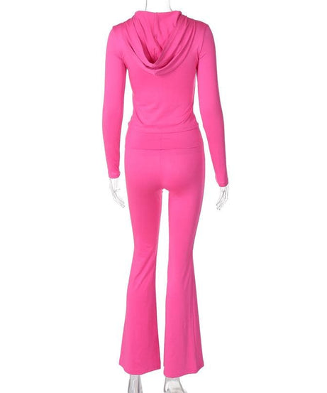 Fuchsia Flare Power: Y2K Zip-Up Hoodie & High-Rise Bell Bottom Set – Fall's Hottest Athleisure