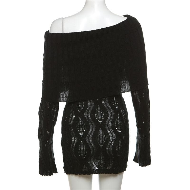 Sultry Black Crochet Off-Shoulder Mini Dress - Fall Party & Night Out Essential