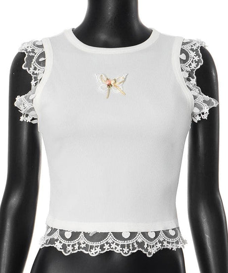 Coquette Butterfly Lace Ribbed Top - Sweet Fall Fashion Essential