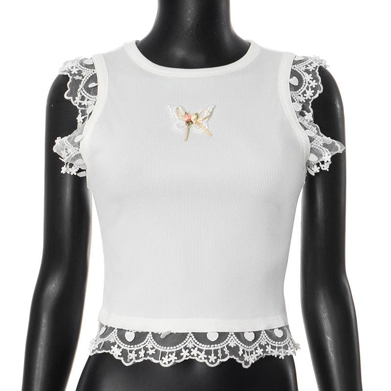 Coquette Butterfly Lace Ribbed Top - Sweet Fall Fashion Essential