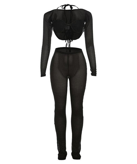 Fall Getaway Essential: Sheer Ribbed Knit Halter Crop Top & High-Waist Leggings Set - Resort & Festival Ready