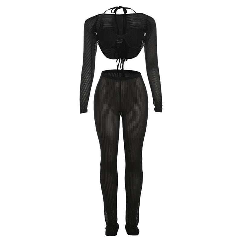 Fall Getaway Essential: Sheer Ribbed Knit Halter Crop Top & High-Waist Leggings Set - Resort & Festival Ready