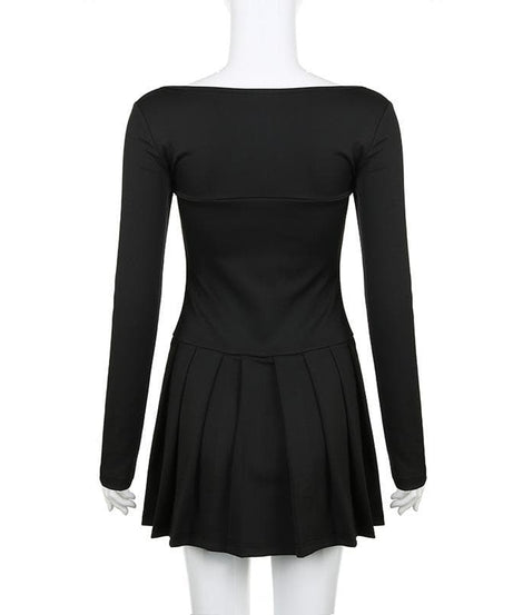 Chic Fall Coquette Black Pleated Mini Dress | Square Neck Long Sleeve & Ribbon Detail