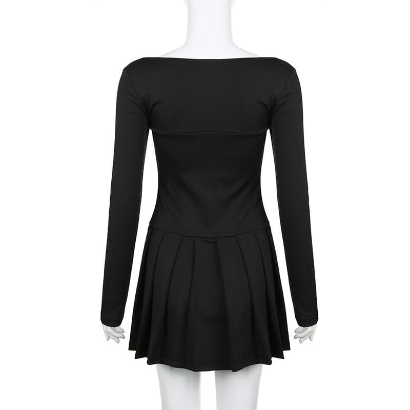 Chic Fall Coquette Black Pleated Mini Dress | Square Neck Long Sleeve & Ribbon Detail