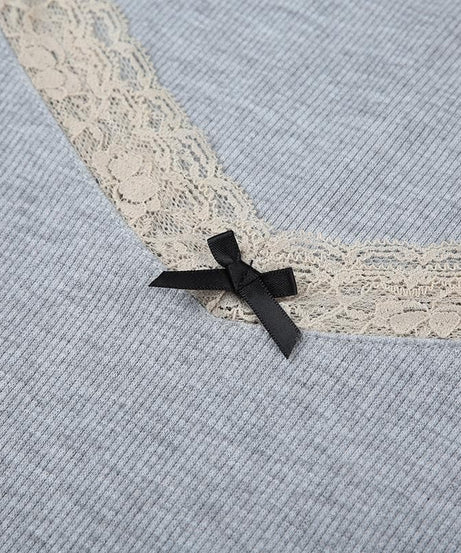 Chic Fall Nights Sweetheart Lace Long Sleeve Crop Top - Y2K Ribbed Tee