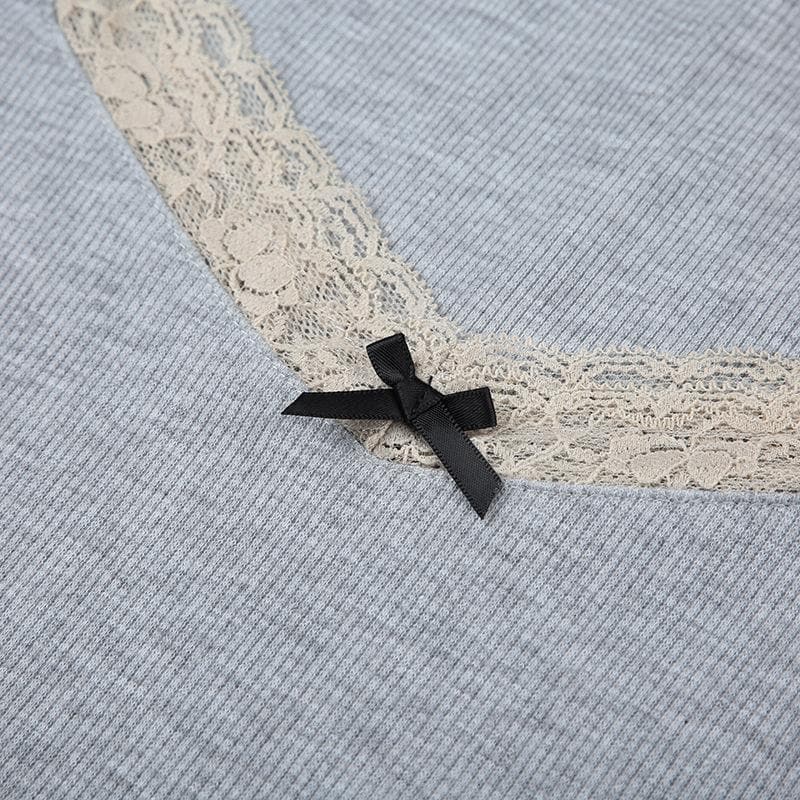 Chic Fall Nights Sweetheart Lace Long Sleeve Crop Top - Y2K Ribbed Tee