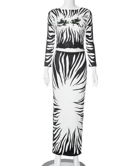 Fall Glam: Zebra Print Two-Piece Maxi Skirt Set with Mythical Graphic Crop Top - Statement Co-ord for Women
