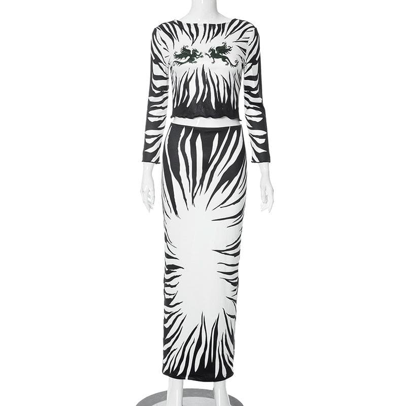 Fall Glam: Zebra Print Two-Piece Maxi Skirt Set with Mythical Graphic Crop Top - Statement Co-ord for Women
