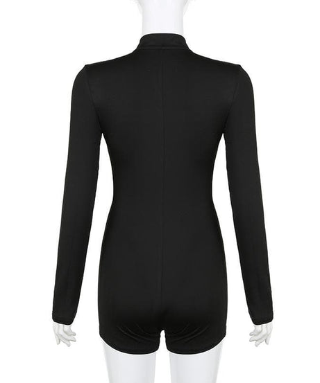 Fall Essential: Sleek Black Long Sleeve Zip-Up Romper - Effortless Athleisure & Layering Style