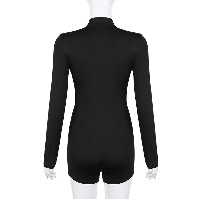 Fall Essential: Sleek Black Long Sleeve Zip-Up Romper - Effortless Athleisure & Layering Style