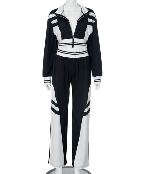 Women's Fall Athleisure Black & White Tracksuit Set | Zip-Up Crop Jacket & Wide Leg Pants